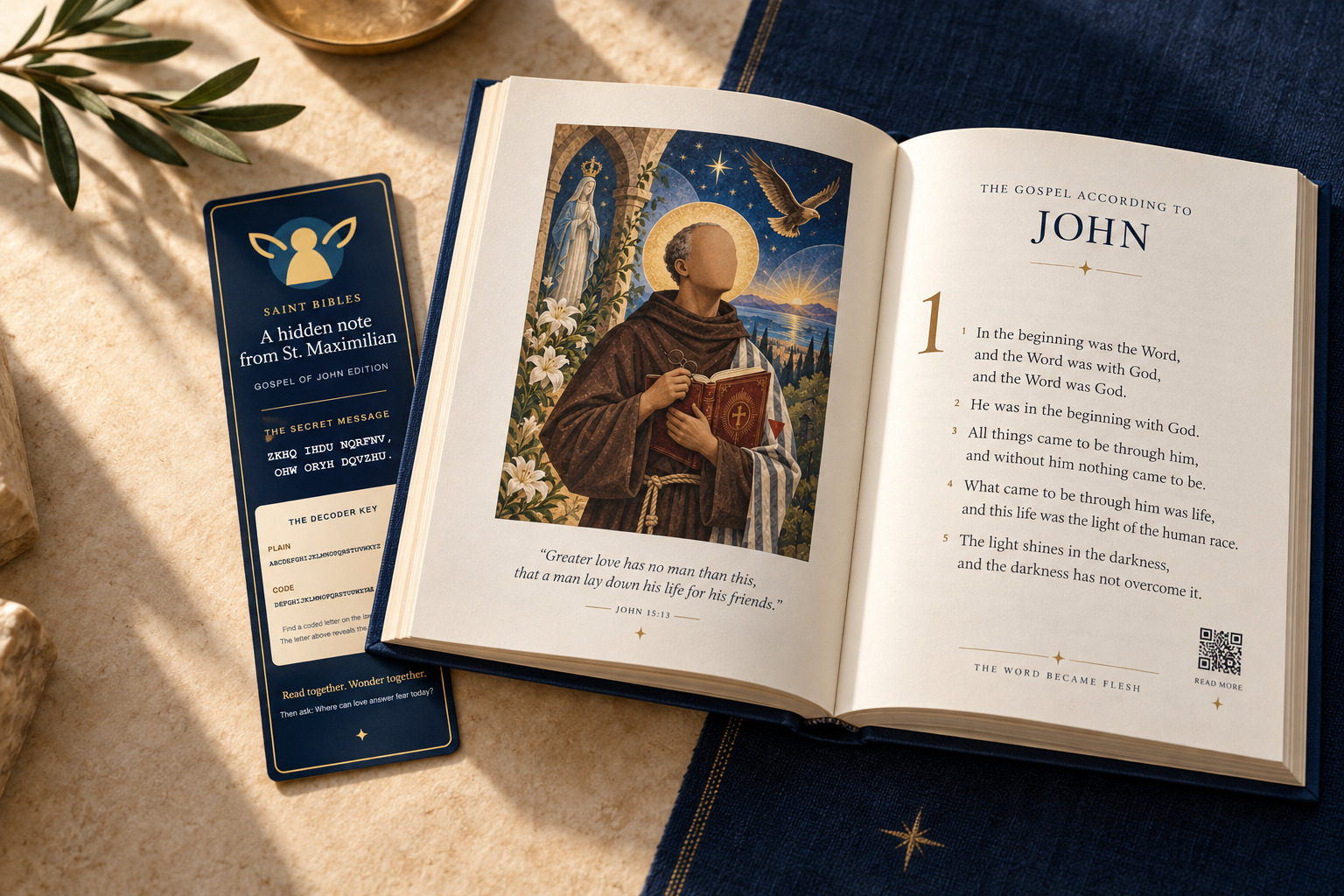Open Gospel of John showing full-color art, readable Scripture, a chapter QR code, and decoder bookmark
